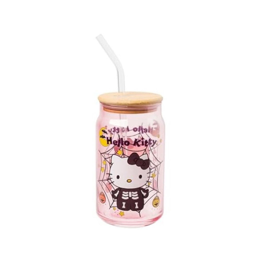 NEW Silver Buffalo Hello Kitty Halloween Pink Glass Tumbler 16oz with Straw